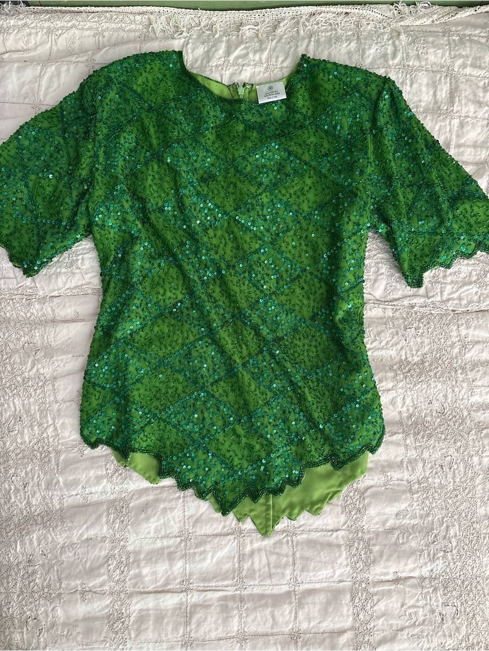 Green Sequin Embellished Women's Blouse - Elegant Evening Top Medium